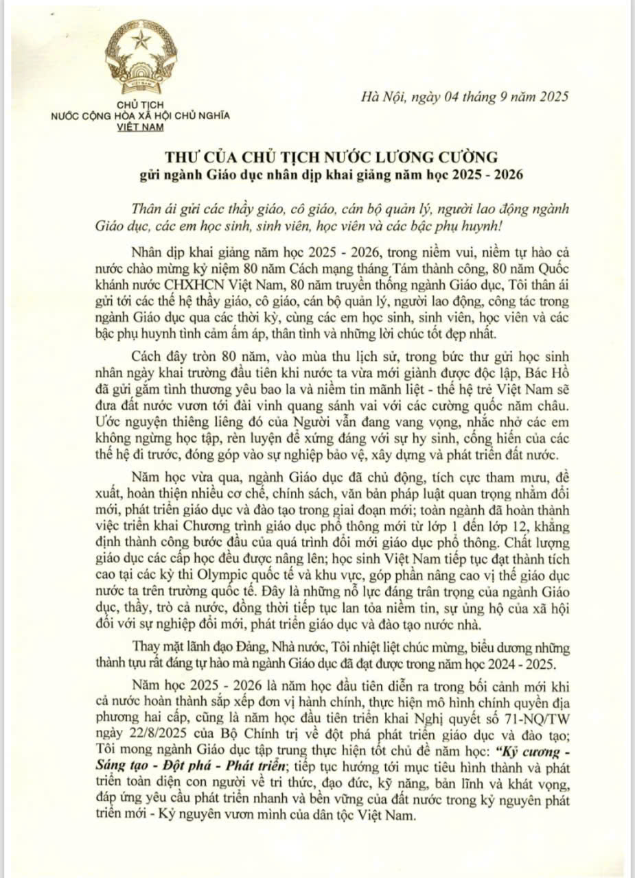 THƯ CỦA CHỦ TỊCH NƯỚC LƯƠNG CƯỜNG GỬI NGÀNH GIÁO DỤC NHÂN DỊP KHAI GIẢNG NĂM HỌC 2025 - 2026